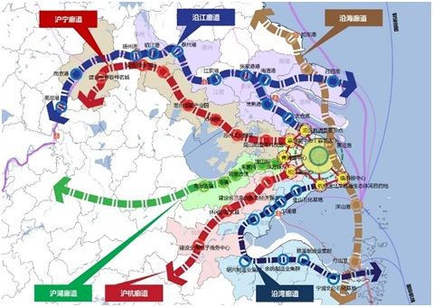 Map showing Shanghai’s Regional Development Plan with 6 corridors and 16 satellite cities.