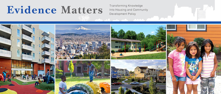 Collage of images including children in play areas adjacent to apartment buildings and townhouses, a suburban street of single family homes, and an aerial view of a city underneath the Evidence Matters logo.